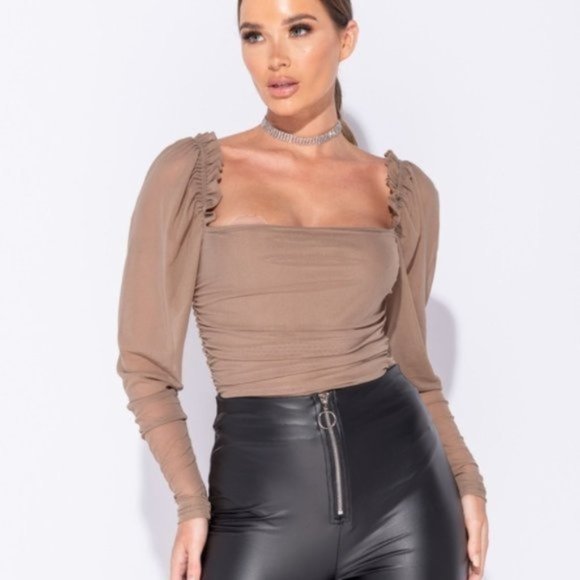 Mirabella Mocha Ruffle Mesh Sleeve Bodysuit - Picture 6 of 9